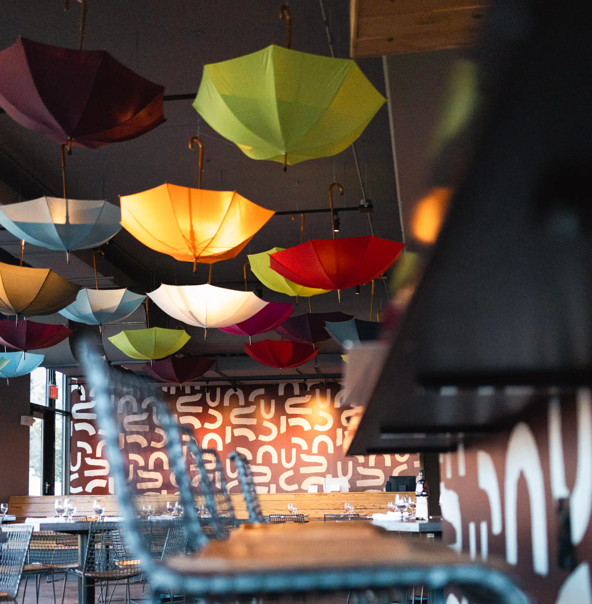 Barsa restaurant interior with colorful umbrellas